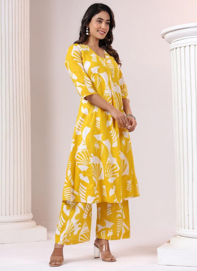 Cotton Yellow Casual Wear Printed Readymade Cord Set